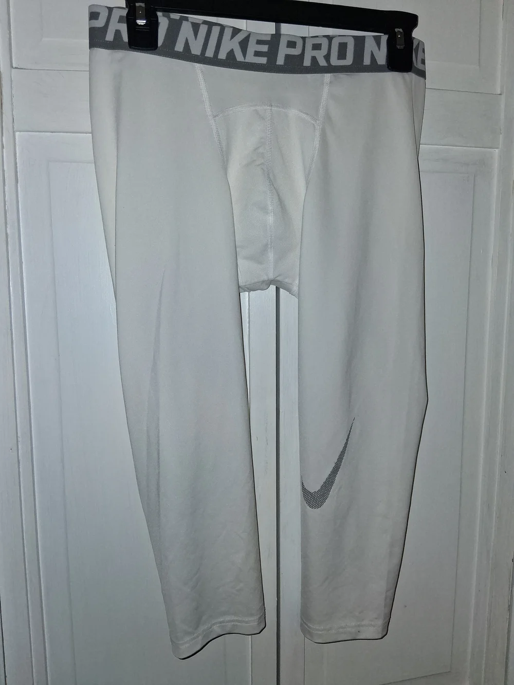 Nike Pro Dri-fit White Compression Tights with Gray Waistband and Gray Swoosh